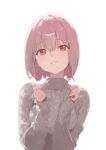  1girl breasts dot_nose grey_sweater gridman_universe hair_between_eyes hands_up head_tilt highres kissshotmagia light_blush light_smile long_sleeves looking_at_viewer medium_breasts parted_lips pink_hair red_eyes shinjou_akane short_hair simple_background solo ssss.gridman sweater thick_eyelashes upper_body white_background 