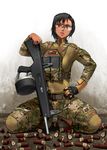  aa-12 belt black_hair camouflage dark_skin didloaded gloves goggles gun load_bearing_vest looking_at_viewer military military_uniform multicam_(camo) original short_hair shotgun shotgun_shells solo uniform weapon 