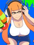  :q alternate_breast_size breasts cleavage covered_nipples denim denim_shorts domino_mask headphones inkling large_breasts long_hair mask older orange_eyes orange_hair paint_splatter shorts sidelocks solo splatoon_(series) splatoon_1 splattershot_(splatoon) super_soaker tank_top tentacle_hair tetsuya_mk2 tongue tongue_out 