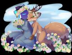  anthro big_tails breadstoat_(artist) canid canine decoration deer duo flower fluffy fluffy_tail fox horn kissing machine male male/male mammal plant protofox protogen skittle skittle_(character) spring tail visor 