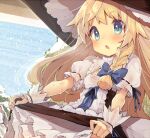  1girl apron black_apron black_hat blonde_hair blue_bow blue_eyes blue_ribbon blue_sky blush bow braid breasts center_frills cleavage_cutout clothing_cutout collared_dress commentary_request cowboy_shot day dress frilled_dress frilled_hat frilled_skirt frills hair_bow hat high_collar kirisame_marisa long_hair looking_ahead open_mouth puffy_short_sleeves puffy_sleeves ribbon ribbon-trimmed_sleeves ribbon_trim short_sleeves single_braid skirt skirt_hold sky sleeve_ribbon small_breasts snow snowing solo sweat touhou tree usamata very_long_hair waist_apron white_dress white_sleeves white_wrist_cuffs wide_brim winter wrist_cuffs 