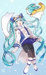  bad_id bad_pixiv_id black_legwear blue_eyes blue_hair blue_skirt boots bunny fang gloves goggles goggles_on_headwear hatsune_miku long_hair long_sleeves open_mouth pantyhose piyo_(ppotatto) scarf skirt smile twintails very_long_hair vocaloid white_gloves yuki_miku yukine_(vocaloid) 