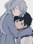  1boy 1girl arms_around_neck black_hair blue_eyes blush_stickers closed_eyes colored_eyelashes dress grey_hair highres hug long_hair long_sleeves maco22 mole mole_under_eye original short_hair 