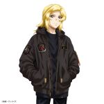  black_footwear black_pants black_shirt blonde_hair blue_eyes casual denim gundam gundam_seed gundam_seed_destiny gundam_seed_freedom highres hood hooded_jacket jacket jeans official_art open_clothes open_jacket orphee_lam_tao pants purple_eyes shirt short_hair solo streetwear white_background 