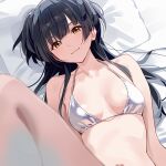  1girl bed_sheet bikini black_hair breasts breasts_apart hair_spread_out highres idolmaster idolmaster_shiny_colors kinjin leg_up long_hair looking_at_viewer lying mayuzumi_fuyuko medium_breasts on_back pillow reflective_clothes smile solo swimsuit white_bikini yellow_eyes 