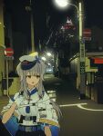  1girl :d arm_at_side black_shorts blonde_hair blue_capelet capelet city_lights cityscape collared_shirt cowboy_shot gloves gradient_hair green_eyes grey_hair hand_on_own_chest hat highres house lamppost long_bangs looking_to_the_side multicolored_hair night nijisanji nkymyura open_mouth outdoors peaked_cap road_sign shioriha_ruri shirt shorts sidelocks sign smile solo twitter_thumbnail_collage two-sided_capelet virtual_youtuber white_capelet white_gloves white_hat white_shirt 
