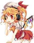  1girl ascot awa_(bihidasu) blonde_hair cowboy_shot crystal_wings dress flandre_scarlet hand_up hat headphones mob_cap open_mouth red_dress red_eyes red_ribbon ribbon simple_background solo thighhighs tongue tongue_out touhou white_background yellow_ascot 