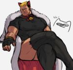  1boy animal_ears ass_visible_through_thighs bara bell black_leggings blonde_hair breasts cat_ears coat confused crossed_legs fingerless_gloves fur-trimmed_coat fur_trim gloves gold_bracelet hair_slicked_back jingle_bell large_breasts large_pectorals leggings male_focus muscular muscular_male nyaattoberritto pectorals red_ribbon ribbon sitting tan the_king_of_fighters thick_thighs thighhighs thighs white_background yamazaki_ryuuji 