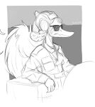  2024 absurd_res anthro artist_name black_and_white bybuckett clothing dinosaur eyewear fang_(gvh) feathered_wings feathers female fingers goodbye_volcano_high hat headgear headwear hi_res monochrome pterodactylus pterosaur reptile scalie signature sitting sketch snout solo sunglasses wings 