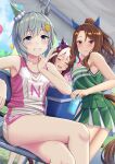  3girls absurdres animal_ears aqua_eyes bare_shoulders breasts brown_hair can cheerleader crossed_legs dutch_angle ear_covers green_hair green_skirt high_ponytail highres holding holding_can horse_ears horse_girl horse_tail king_halo_(umamusume) looking_at_viewer multicolored_hair multiple_girls red_eyes seiun_sky_(umamusume) sitting skirt smile special_week_(umamusume) striped_hair sweat tail thighs track_uniform two-tone_hair umamusume zenrakishi 
