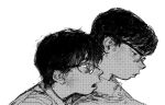  2boys black_hair from_side glasses halftone highres looking_down mettaflix multiple_boys open_mouth original white_background 