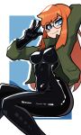  1girl absurdres arm_up black_bodysuit blue_eyes bodysuit breasts closed_mouth commission freckles green_jacket highres jacket large_breasts long_hair looking_at_viewer muds orange_hair original smile solo v 