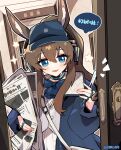  1girl amiya_(arknights) amiya_(newsgirl)_(arknights) animal_ears arknights artist_name ascot bag baseball_cap blue_ascot blue_bow blue_bowtie blue_coat blue_eyes bow bowtie brown_hair coat commentary_request hat headphones highres holding holding_newspaper implied_extra_ears jewelry kyou_039 long_hair looking_at_viewer multiple_rings newspaper notice_lines official_alternate_costume open_clothes open_coat open_door open_mouth rabbit_ears rabbit_girl ring shirt shoulder_bag skirt smile solo translation_request upper_body white_shirt white_skirt 
