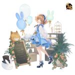  1girl alice_in_wonderland apron arms_behind_back balloon blonde_hair blue_dress blue_eyes bridal_garter cheshire_cat_(alice_in_wonderland) display_case dress flower food frilled_sleeves frills full_body hat head_tilt high_heels highres hina_momo ice_cream key logo long_sleeves looking_at_viewer looking_to_the_side mahjong_soul maid_headdress mary_janes menu_board official_art parfait pink_flower pink_rose plant pocket_watch puffy_long_sleeves puffy_sleeves rabbit rose see-through see-through_sleeves shine_cheese shoes short_hair socks solo standing standing_on_one_leg sundae sweets tachi-e tiered_tray top_hat watch wavy_hair white_apron white_background white_socks yellow_flower yellow_rose 