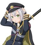  adjusting_clothes adjusting_hat armor bad_id bad_pixiv_id blush cape green_eyes hair_flaps hat hotarumaru japanese_armor looking_at_viewer male_focus military military_uniform ootachi open_mouth sheath shira-nyoro shoulder_armor silver_hair sode solo sword touken_ranbu uniform weapon 