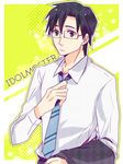  adjusting_clothes adjusting_necktie black_eyes black_hair formal glasses idolmaster machi_(machiruda) male_focus necktie producer_(idolmaster_anime) solo 