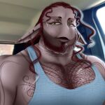 alien alien_hominid alien_humanoid beard body_hair brown_hair car chest_hair eye_contact facial_hair grannen hair herm highlights_(coloring) humanoid inside_car intersex long_hair looking_at_another looking_at_viewer male maleherm mokkinz nytrodioxide solo vehicle zar zaretan