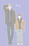  2boys aged_down blonde_hair brothers brown_hair dean_winchester full_body green_eyes height_difference highres korean_text male_focus mature_male multiple_boys sam_winchester short_hair siblings simple_background supernatural_(tv_series) translation_request tripleace333 