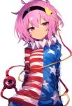  1girl american_flag american_flag_print clownpiece clownpiece_(cosplay) cosplay flag_print frown hairband highres komeiji_satori looking_to_the_side neck_ruff pink_hair purple_eyes short_hair solo stop_thinkingaa third_eye touhou 