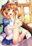  animal_ears apron blush brown_hair cat_ears cat_tail commentary fang hair_ribbon hasumi_shizuko looking_at_viewer maid maid_apron maid_headdress open_mouth original panties pantyshot pantyshot_(sitting) ribbon sitting sock_pull socks solo tail twintails underwear white_panties yellow_eyes 