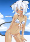  animal_ears bikini bikini_pull blue_eyes cat_ears dark_skin original sakurea short_hair solo swimsuit tail white_hair 