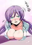  aqua_eyes blush breast_rest breasts cleavage collarbone commentary_request large_breasts long_hair looking_at_viewer love_live! love_live!_school_idol_project low_twintails open_clothes open_mouth open_shirt purple_hair scrunchie shirt solo table toujou_nozomi tsuki_wani twintails very_long_hair 