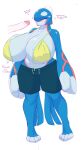 2024 areola arrow_(weapon) arrowed big_breasts big_hands blue_areola blush bra breasts clothed clothing digital_media_(artwork) disembodied_penis dullyarts female generation_3_pokemon genitals glans hi_res huge_breasts kyogre legendary_pokemon looking_at_genitalia looking_at_penis male nintendo nipples penis pokemon pokemon_(species) pupils pussy ranged_weapon simple_background standing swimming_trunks swimwear tail text underwear weapon white_background white_pupils yellow_bra yellow_clothing yellow_eyes yellow_underwear
