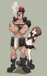  1boy 1girl abs armband bandaid bandaid_on_face bandaid_on_nose biceps black_armband black_footwear black_hair boots brown_eyes brown_hair chest_harness crossed_arms earrings full_body green_background gyosone harness height_difference highres jewelry kill_la_kill kinagase_tsumugu looking_at_another mankanshoku_mako mohawk multicolored_hair muscular muscular_male red_hair short_hair simple_background single_shoulder_pad smoking two-tone_hair very_short_hair 