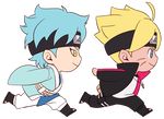  2boys ahoge blonde_hair blue_eyes blue_hair chibi forehead_protector jacket mitsuki_(naruto) multiple_boys naruto naruto_gaiden necklace noeunjung93 parody running simple_background smooooch spiked_hair toeless_legwear transparent_background uzumaki_boruto whiskers yellow_eyes 