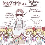  1boy 4girls absurdres anatomy_of_a_gamer_(meme) arrow_(symbol) blush_stickers brown_hair brown_shorts child closed_mouth clothes_writing english_text flandre_scarlet four_of_a_kind_(touhou) glasses grey_shirt hands_in_pockets harem headphones height_difference highres looking_at_viewer meme multiple_girls opaque_glasses print_shirt shirt short_hair short_sleeves shorts side-by-side simple_background standing straight-on sunglasses t-shirt touhou username_haoto white_background 