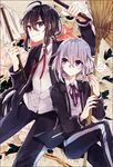  ahoge black_hair broom duster flower highres honebami_toushirou male_focus mayoko_na_kuroneko multiple_boys namazuo_toushirou ponytail purple_eyes silver_hair smile touken_ranbu 