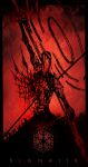  1girl absurdres android copyright_name falke_(signalis) highres horror_(theme) impaled laurel_crown legend_knit logo long_hair red_theme signalis solo 