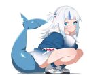  1girl blue_eyes blue_hair dated_commentary fins fish_tail full_body gawr_gura gawr_gura_(1st_costume) hair_ornament highres hololive hololive_english long_hair looking_back mingkozus multicolored_hair shark_girl shark_tail shoes simple_background sneakers solo squatting tail thighs two-tone_hair virtual_youtuber white_background white_footwear white_hair 