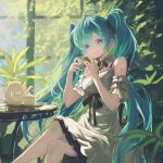  1girl absurdres blue_eyes blue_hair chair choker crossed_legs cup detached_sleeves dress frilled_choker frills hair_ribbon hatsune_miku highres holding holding_cup long_hair looking_at_viewer nail_polish no_renor_en plant ribbon short_sleeves sitting sleeveless sleeveless_dress smile solo table teacup teapot twintails very_long_hair vocaloid window 