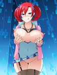  1girl bandai blue_dress bra breast_grab breasts cleavage cross-laced_clothes digimon digimon_story:_cyber_sleuth dress female gal grabbing large_breasts long_nipples nipples no_panties red_hair shiramine_nokia tongue twintails underwear 
