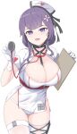  1girl :d absurdres between_breasts breasts character_request cleavage commentary_request dress gloves hair_ornament hat highres holding large_breasts looking_at_viewer nurse nurse_cap panties purple_eyes purple_hair sato_art short_sleeves simple_background smile snowbreak:_containment_zone solo standing stethoscope thighhighs underwear white_background white_dress white_gloves white_hat white_panties white_thighhighs 