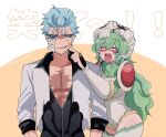  1boy 1girl :d ^_^ anger_vein annoyed arms_at_sides bleach bleach:_sennen_kessen-hen blue_eyes blue_hair cheek_poking closed_eyes cowboy_shot facial_mark fur-trimmed_leotard fur_trim green_hair grimmjow_jaegerjaquez hair_between_eyes hand_up index_finger_raised leotard long_hair long_sleeves looking_at_viewer mask mask_on_head nelliel_tu_odelschwanck open_clothes open_mouth open_shirt orange_background poking scar scar_on_cheek scar_on_face shirt short_hair simple_background skull_mask smile spiked_hair thighhighs torn_clothes torn_shirt translated tsurime twitter_username two-tone_background upper_body v-shaped_eyebrows very_long_hair wavy_hair white_background white_leotard white_shirt white_thighhighs yanono_015 