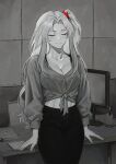  1girl absurdres angela_(project_moon) atris2nd book breasts cleavage closed_eyes covered_navel file greyscale hairband highres journal lobotomy_corporation long_sleeves monitor monochrome pen project_moon rain red_hairband side_ponytail smile solo 