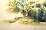  bush day door grass highres no_humans original painting_(medium) path plant scenery shimizu_megumi_(m_acquerello) traditional_media tree watercolor_(medium) window 