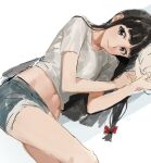  black_eyes black_hair denim denim_shorts long_hair lying rr_(suisse200) shirt shorts tokyo_7th_sisters white_shirt 