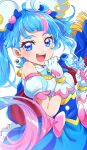 1girl :d absurdres blue_bow blue_cape blue_corset blue_eyes blue_hair blue_skirt bow cape corset cure_sky dot_nose dress_bow earrings fingerless_gloves gloves gradient_hair hair_bow hair_ornament heart heart_hair_ornament highres hirogaru_sky!_precure holding holding_wand jewelry long_hair looking_at_viewer magical_girl multicolored_hair open_mouth pink_bow pink_hair precure puffy_sleeves sharumon simple_background skirt smile solo sora_harewataru star_(symbol) star_in_eye streaked_hair symbol_in_eye twintails two-tone_hair upper_body wand white_background white_gloves 