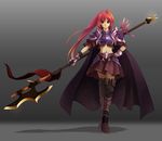  armor cape gradient gradient_background knight long_hair polearm red_eyes red_hair skirt solo weapon 
