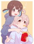  2girls :d ahoge alternate_costume black_hoodie blue_hair blunt_bangs brown_eyes brown_hair colored_inner_hair commentary eating food food_in_mouth french_fries hair_between_eyes heart highres hood hoodie hozuki_momiji light_blush long_hair long_sleeves mcdonald&#039;s multicolored_hair multiple_girls onii-chan_wa_oshimai! open_mouth oyama_mahiro picogames_off pink_hair puffy_long_sleeves puffy_sleeves short_hair short_ponytail simple_background smile sweatdrop two-tone_hair white_hoodie yellow_background 