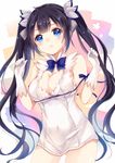  black_hair blue_eyes blue_ribbon breasts cleavage dungeon_ni_deai_wo_motomeru_no_wa_machigatteiru_darou_ka gloves hestia_(danmachi) large_breasts long_hair navel pout rei_no_himo ribbon sakura_hiyori solo twintails 