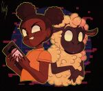 amanda_(amanda_the_adventurer) amanda_the_adventurer anthro bovid caprine clothing duo eye_contact female galaxyartz667 hi_res holding_tape human looking_at_another male mammal open_mouth sheep shirt smile t-shirt topwear wooly_(amanda_the_adventurer)