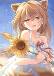  1girl absurdres animal_ears bare_shoulders blue_sky breasts crossed_bangs dress flower highres holding holding_flower ina_(inadahime) indie_virtual_youtuber light_brown_hair lion_ears lion_girl lion_tail long_hair looking_at_viewer outdoors parted_lips rurudo_lion sky small_breasts smile solo sundress sunflower tail upper_body virtual_youtuber white_dress yellow_eyes 