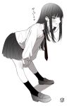  1girl bent_over blush collared_shirt commentary_request dddd_akagi earrings full_body greyscale highres jewelry loafers long_hair looking_at_viewer monochrome necktie open_mouth original school_uniform shirt shoes skirt smile socks solo stud_earrings 