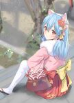  1girl aisu_(icicleshot) animal_ears back_bow blue_hair blush bow cat_ears closed_mouth commentary_request fake_animal_ears flower full_body fur_collar hair_between_eyes hair_flower hair_ornament highres igarashi_haruna long_bangs long_hair long_sleeves looking_at_viewer looking_back mahjong_soul pantyhose pink_flower pink_shirt red_bow red_eyes red_skirt shirt sitting skirt sleeves_past_fingers sleeves_past_wrists smile solo tassel tassel_hair_ornament tree white_pantyhose yellow_bow 
