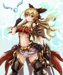  armor armored_dress black_gloves blonde_hair boots bow gauntlets gloves granblue_fantasy hair_bow hair_ornament long_hair looking_at_viewer metal_boots midriff navel open_mouth red_eyes solo sumapan sword thigh_boots thighhighs very_long_hair vira_lilie weapon 