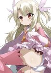 1girl absurdres ascot ass bare_shoulders blush boots breasts cape dress elbow_gloves fate/kaleid_liner_prisma_illya fate_(series) feather_hair_ornament feathers gloves hair_ornament highres illyasviel_von_einzbern layered_gloves long_hair looking_at_viewer panties pink_dress pink_footwear pink_gloves prisma_illya red_eyes shimejinameko sidelocks skirt small_breasts solo thigh_boots two_side_up underwear white_cape white_gloves white_hair white_panties white_skirt 